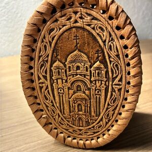 Vintage hand-carved Nordic birch Oval trinket container with a Cathedral Motif